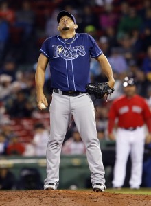 May 30, 2014; Boston, MA, USA; Tampa Bay Rays relief pitcher Joel Peralta (62) on the mound against the Boston Red Sox during the ninth inning at Fenway Park. Mandatory Credit: David Butler II-USA TODAY Sports