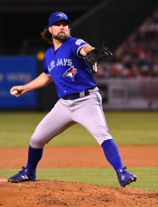 Sep 16, 2016; Anaheim, CA, USA; Toronto Blue Jays starting pitcher R.A. Dickey (43) pitches in the second inning of the game against the Los Angeles Angels at Angel Stadium of Anaheim. Mandatory Credit: Jayne Kamin-Oncea-USA TODAY Sports