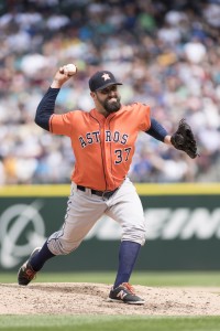 Jul 16, 2016; Seattle, WA, USA; Houston Astros relief pitcher Pat Neshek (37) pitches to the Seattle Mariners during the sixth inning at Safeco Field. Mandatory Credit: Steven Bisig-USA TODAY Sports