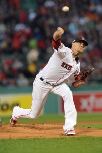 Oct 10, 2016; Boston, MA, USA; Boston Red Sox starting pitcher Clay Buchholz (11) delivers a pitch in the first inning against the Cleveland Indians during game three of the 2016 ALDS playoff baseball series at Fenway Park. Mandatory Credit: Bob DeChiara-USA TODAY Sports