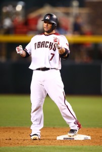 Aug 15, 2016; Phoenix, AZ, USA; Arizona Diamondbacks catcher Welington Castillo celebrates after hitting a the fifth inning double against the New York Mets at Chase Field. Mandatory Credit: Mark J. Rebilas-USA TODAY Sports