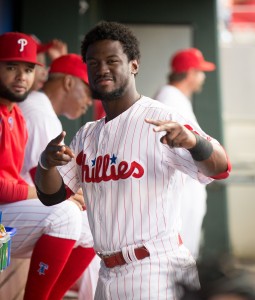 Aug 19, 2016; Philadelphia, PA, USA; Philadelphia Phillies center fielder Odubel Herrera (37) before action against the St. Louis Cardinals at Citizens Bank Park. Mandatory Credit: Bill Streicher-USA TODAY Sports