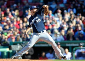 Apr 6, 2014; Boston, MA, USA; Milwaukee Brewers relief pitcher Tyler Thornburg (30) pitches during the eighth inning against the Boston Red Sox at Fenway Park. Mandatory Credit: Bob DeChiara-USA TODAY Sports