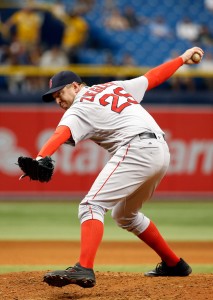 Aug 25, 2016; St. Petersburg, FL, USA; Boston Red Sox relief pitcher Brad Ziegler (29) throws a pitch against the Tampa Bay Rays at Tropicana Field. Tampa Bay Rays defeated the Boston Red Sox 2-1. Mandatory Credit: Kim Klement-USA TODAY Sports