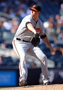 Aug 28, 2016; Bronx, NY, USA; Baltimore Orioles relief pitcher Zach Britton (53) pitches against the New York Yankees during the ninth inning at Yankee Stadium. Mandatory Credit: Brad Penner-USA TODAY Sports