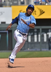 Jul 20, 2016; Kansas City, MO, USA; Kansas City Royals base runner Jarrod Dyson (1) runs to third base against the Cleveland Indians during the eighth inning at Kauffman Stadium. Mandatory Credit: Peter G. Aiken-USA Today Sports