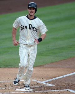 Sep 7, 2016; San Diego, CA, USA; San Diego Padres first baseman Wil Myers (4) scores on a double by third baseman Yangervis Solarte (not pictured) during the first inning against the Boston Red Sox at Petco Park. Mandatory Credit: Jake Roth-USA TODAY Sports