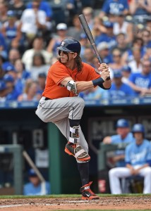 Jun 26, 2016; Kansas City, MO, USA; Houston Astros left fielder Colby Rasmus (28) at bat against the Kansas City Royals during the seventh inning at Kauffman Stadium. Mandatory Credit: Peter G. Aiken-USA TODAY Sports