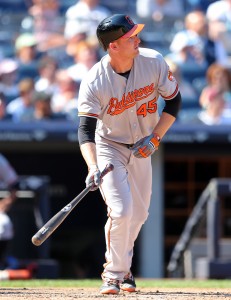 Aug 28, 2016; Bronx, NY, USA; Baltimore Orioles designated hitter Mark Trumbo (45) hits a two run home run against the New York Yankees during the eighth inning at Yankee Stadium. Mandatory Credit: Brad Penner-USA TODAY Sports