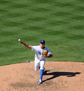 Aug 13, 2016; Los Angeles, CA, USA; Los Angeles Dodgers relief pitcher Joe Blanton (55) pitches during the seventh inning against the Pittsburgh Pirates at Dodger Stadium. Mandatory Credit: Jake Roth-USA TODAY Sports