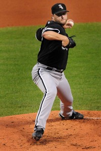 September 21, 2011; Cleveland, OH , USA; Chicago White Sox starting pitcher Mark Buehrle (56) during the first inning in the game against the Cleveland Indians at Progressive Field. Mandatory Credit: Eric P. Mull-USA TODAY Sports