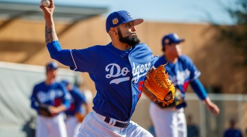 Feb 16, 2017; Glendale, AZ, USA; Los Angeles Dodgers pitcher Sergio Romo during a Spring Training practice at Camelback Ranch. Mandatory Credit: Mark J. Rebilas-USA TODAY Sports