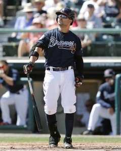 Mar 8, 2016; Lake Buena Vista, FL, USA; Atlanta Braves left fielder Nick Swisher (23) watches his ball fly during the second inning of a spring training baseball game against the New York Mets at Champion Stadium. Mandatory Credit: Reinhold Matay-USA TODAY Sports