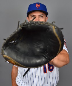 Feb 22, 2017; Port St. Lucie, FL, USA; New York Mets catcher Travis d'Arnaud (18) poses for a photo during photo day at Tradition Field. Mandatory Credit: Jasen Vinlove-USA TODAY Sports