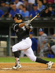 Sep 10, 2016; Chicago, IL, USA; Chicago White Sox designated hitter Avisail Garcia (26) hits a single during the fourth inning against the Kansas City Royals at U.S. Cellular Field. Mandatory Credit: Dennis Wierzbicki-USA TODAY Sports