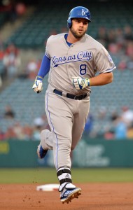 Apr 26, 2016; Anaheim, CA, USA; Kansas City Royals third baseman Mike Moustakas (8) rounds the bases after hitting a solo home run in the first inning during a MLB game against the Los Angeles Angels at Angel Stadium of Anaheim. Mandatory Credit: Kirby Lee-USA TODAY Sports