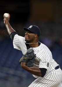 Sep 9, 2016; Bronx, NY, USA; New York Yankees starting pitcher Michael Pineda (35) delivers a pitch during the first inning against the Tampa Bay Rays at Yankee Stadium. Mandatory Credit: Adam Hunger-USA TODAY Sports