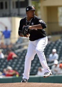 Mar 6, 2017; Jupiter, FL, USA; Miami Marlins starting pitcher Edinson Volquez (36) delivers a pitch against the New York Mets during a spring training game at Roger Dean Stadium. Mandatory Credit: Steve Mitchell-USA TODAY Sports