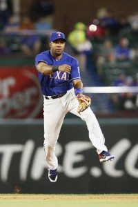 Apr 5, 2017; Arlington, TX, USA; Texas Rangers shortstop Elvis Andrus (1) throws to first in the fifth inning against the Cleveland Indians at Globe Life Park in Arlington. Mandatory Credit: Tim Heitman-USA TODAY Sports