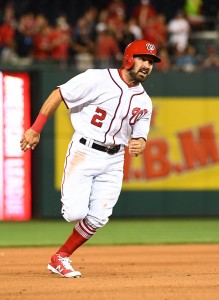 Apr 5, 2017; Washington, DC, USA; Washington Nationals center fielder Adam Eaton (2) scores from first base on a double by right fielder Bryce Harper against the Miami Marlins during the fourth inning at Nationals Park. Mandatory Credit: Brad Mills-USA TODAY Sports