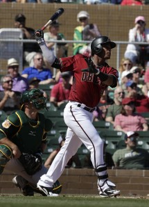 Mar 7, 2017; Salt River Pima-Maricopa, AZ, USA; Arizona Diamondbacks shortstop Ketel Marte (4) hits a three run homerun against the Oakland Athletics in the first inning during a spring training game at Salt River Fields at Talking Stick. Mandatory Credit: Rick Scuteri-USA TODAY Sports