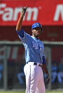 May 6, 2017; Kansas City, MO, USA; Kansas City Royals center fielder Lorenzo Cain (6) reacts after hitting a double against the Cleveland Indians during the fourth inning at Kauffman Stadium. Mandatory Credit: Peter G. Aiken-USA TODAY Sports