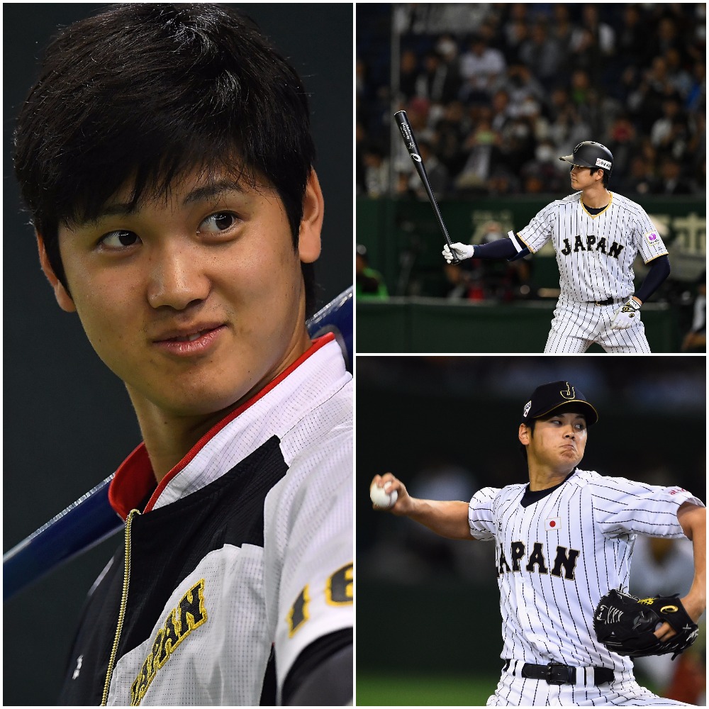 Texas Rangers right-hander Yu Darvish (L) chats with Nippon Ham Fighters  two-way player Shohei