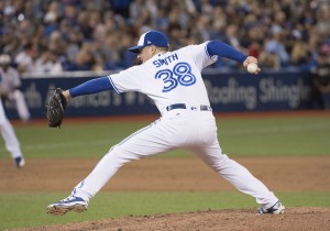 Jun 14, 2017; Toronto, Ontario, CAN; Toronto Blue Jays relief pitcher Joe Smith (38) throws a pitch in the eighth inning during a game against the Tampa Bay Rays at Rogers Centre. Mandatory Credit: Nick Turchiaro-USA TODAY Sports