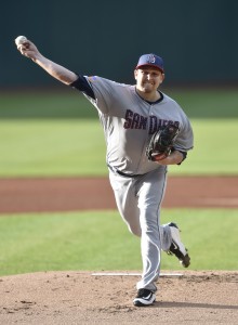 Jul 4, 2017; Cleveland, OH, USA; San Diego Padres starting pitcher Trevor Cahill (38) delivers in the first inning against the Cleveland Indians at Progressive Field. Mandatory Credit: David Richard-USA TODAY Sports