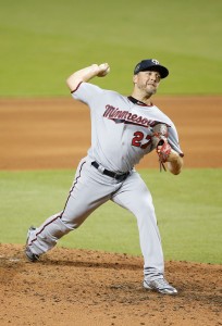 Jul 11, 2017; Miami, FL, USA;Minnesota Twins pitcher Brandon Kintzler (27) throws a pitch during the 2017 MLB All-Star Game at Marlins Park. Mandatory Credit: Kim Klement-USA TODAY Sports