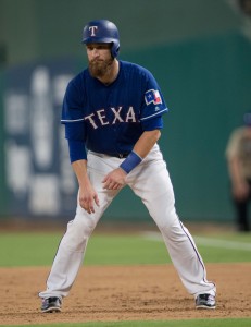 Jul 25, 2017; Arlington, TX, USA; Texas Rangers catcher Jonathan Lucroy (25) in action during the game against the Miami Marlins at Globe Life Park in Arlington. The Rangers defeat the Marlins 10-4. Mandatory Credit: Jerome Miron-USA TODAY Sports