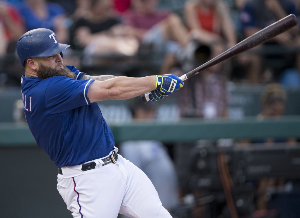 Boston Red Sox first baseman Mike Napoli chats with infielder Jeff