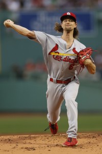 Aug 15, 2017; Boston, MA, USA; St. Louis Cardinals pitcher Mike Leake (8) delivers a pitch during the first inning against the Boston Red Sox at Fenway Park. Mandatory Credit: Greg M. Cooper-USA TODAY Sports