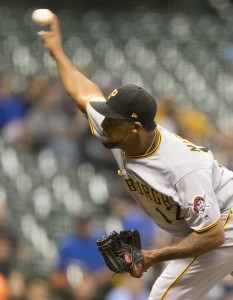 Jun 20, 2017; Milwaukee, WI, USA; Pittsburgh Pirates pitcher Juan Nicasio (12) throws a pitch during the eighth inning against the Milwaukee Brewers at Miller Park. Mandatory Credit: Jeff Hanisch-USA TODAY Sports