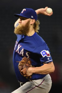 Aug 23, 2017; Anaheim, CA, USA; Texas Rangers starting pitcher Andrew Cashner (54) pitches against the Los Angeles Angels during the first inning at Angel Stadium of Anaheim. Mandatory Credit: Kelvin Kuo-USA TODAY Sports