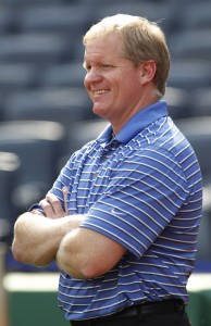 Aug 18, 2014; Pittsburgh, PA, USA; Pittsburgh Pirates general manager Neal Huntington reacts while watching batting practice before the Pirates host the Atlanta Braves at PNC Park. Mandatory Credit: Charles LeClaire-USA TODAY Sports