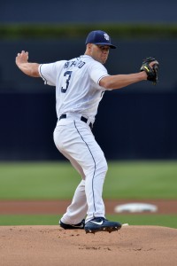 Sep 7, 2017; San Diego, CA, USA; San Diego Padres starting pitcher Clayton Richard (3) pitches against the St. Louis Cardinals during the first inning at Petco Park. Mandatory Credit: Jake Roth-USA TODAY Sports