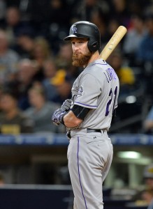 Sep 22, 2017; San Diego, CA, USA; Colorado Rockies catcher Jonathan Lucroy (21) at bat during the seventh inning against the San Diego Padres at Petco Park. Mandatory Credit: Jake Roth-USA TODAY Sports