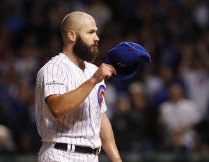 Oct 18, 2017; Chicago, IL, USA; Chicago Cubs starting pitcher Jake Arrieta removes his cap as he is relieved in the seventh inning against the Los Angeles Dodgers in game four of the 2017 NLCS playoff baseball series at Wrigley Field. Mandatory Credit: Jim Young-USA TODAY Sports