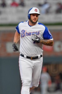 Aug 18, 2017; Atlanta, GA, USA; Atlanta Braves left fielder Matt Adams (18) runs after hitting a home run against the Cincinnati Reds during the second inning at SunTrust Park. Mandatory Credit: Dale Zanine-USA TODAY Sports