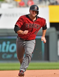 Oct 1, 2017; Kansas City, MO, USA; Arizona Diamondbacks base runner Chris Iannetta (8) runs to third against the Kansas City Royals during the fourth inning at Kauffman Stadium. Mandatory Credit: Peter G. Aiken-USA TODAY Sports