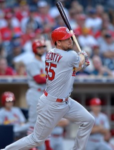 Sep 7, 2017; San Diego, CA, USA; St. Louis Cardinals right fielder Stephen Piscotty (55) singles during the second inning against the San Diego Padres at Petco Park. Mandatory Credit: Jake Roth-USA TODAY Sports