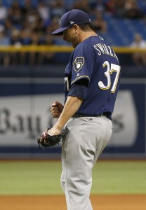 Aug 5, 2017; St. Petersburg, FL, USA; Milwaukee Brewers relief pitcher Anthony Swarzak (37) pumps his fist and celebrates as they beat the Tampa Bay Rays at Tropicana Field. Mandatory Credit: Kim Klement-USA TODAY Sports