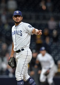 Sep 18, 2017; San Diego, CA, USA; San Diego Padres relief pitcher Brad Hand (52) gestures during the ninth inning against the Arizona Diamondbacks at Petco Park. Mandatory Credit: Jake Roth-USA TODAY Sports