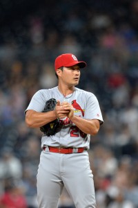 Sep 7, 2017; San Diego, CA, USA; St. Louis Cardinals relief pitcher Seung-Hwan Oh (26) rubs down the ball during the seventh inning against the San Diego Padres at Petco Park. Mandatory Credit: Jake Roth-USA TODAY Sports