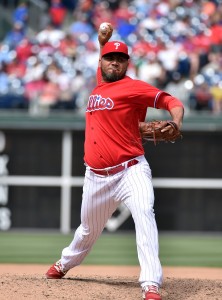 Joaquin Benoit | May 10, 2017; Philadelphia, PA, USA; Philadelphia Phillies relief pitcher Joaquin Benoit (53) pitches in the seventh inning of the game against the Seattle Mariners at Citizens Bank Park. The Mariners won the game 11-6. Mandatory Credit: John Geliebter-USA TODAY Sports