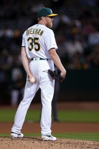 Jake Diekman | Aug 3, 2019; Oakland, CA, USA; Oakland Athletics relief pitcher Jake Diekman (35) stands on the mound during the seventh inning against the St. Louis Cardinals at Oakland Coliseum. Mandatory Credit: Darren Yamashita-USA TODAY Sports