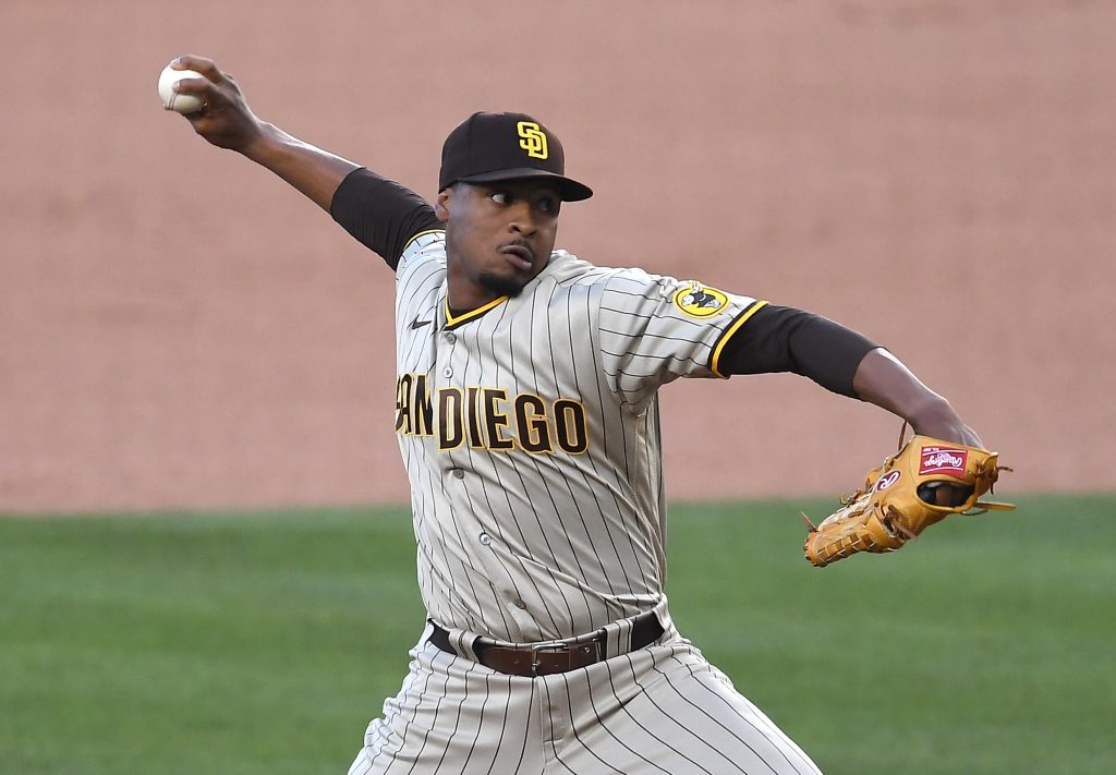 San Diego Padres starting pitcher Luis Perdomo works against an