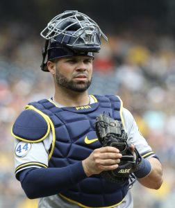 Manny Pina | Aug 15, 2021; Pittsburgh, Pennsylvania, USA; Milwaukee Brewers catcher Manny Pina (9) looks on against the Pittsburgh Pirates during the third inning at PNC Park. Mandatory Credit: Charles LeClaire-USA TODAY Sports