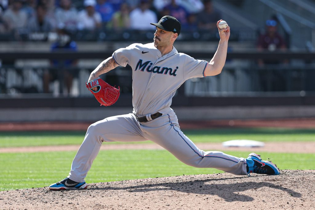 Tanner Scott of the Miami Marlins pitches during the ninth inning